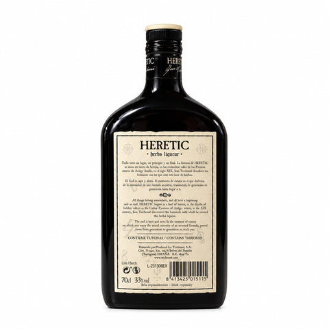 Heretic Herbal Liqueur 700 ml 33%, rear label and barcode 8413425015115 | ჰერეტიკი მცენარეული ლიქიორი 700 მლ 33%, უკანა ეტიკეტი და ბარკოდი 8413425015115
