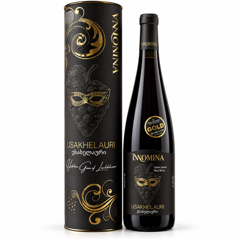 Innomina Usakhelauri 2024 wine and gift tube — front view