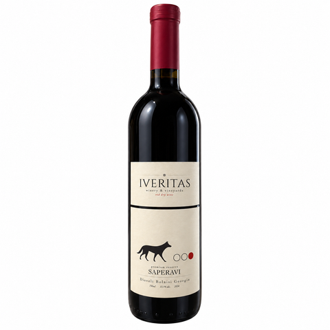 Iveritas Saperavi Reserve Dry Red Wine 750ml bottle from Georgia, 2024 vintage, focus on unfiltered wine label with 13.5% alcohol.