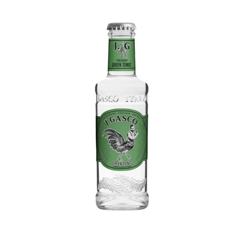 J. Gasco Green Tonic 330ml bottle, alcohol-free Italian tonic water, vibrant green label with a rooster graphic, ideal for cocktails.