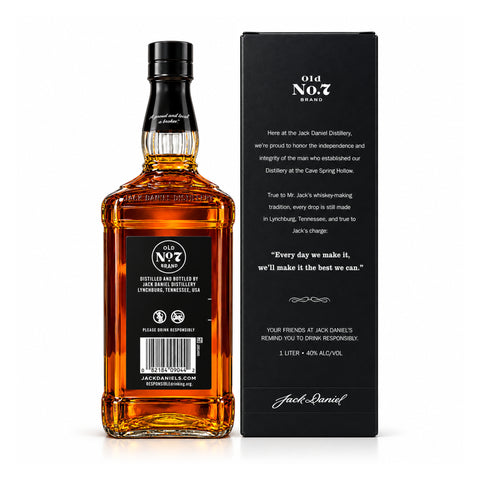 Jack Daniel's Old No.7 Tennessee Whiskey 1L 40%, bottle and gift box rear