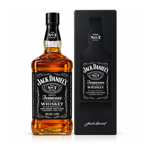 Jack Daniel's Old No.7 Tennessee Whiskey 1L 40%, bottle and gift box front