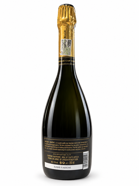 Back view of Jacques Bruere Brut Reserve 2014 bottle, showcasing the label and gold foil capsule.