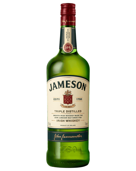 Jameson Irish Whiskey 1L bottle, triple-distilled, 40% ABV, crafted in Dublin, Ireland, with iconic green label and logo.