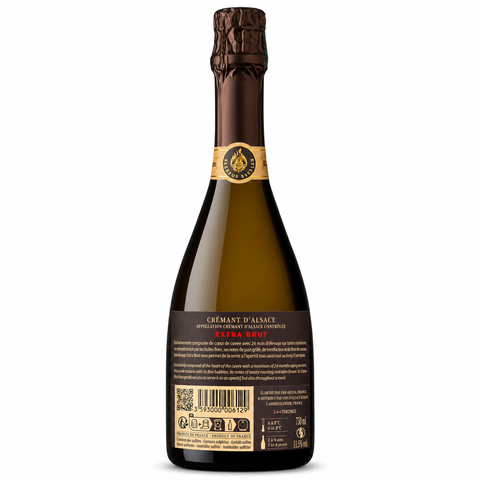 Kuehn 1675 Cremant dAlsace Extra Brut 750ml bottle with label, French sparkling wine, back view