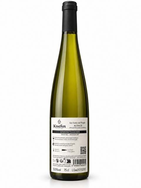Kuehn Gewurztraminer 2022 Demi Sec white wine 750ml bottle from Alsace, France, featuring 13.5% alcohol.