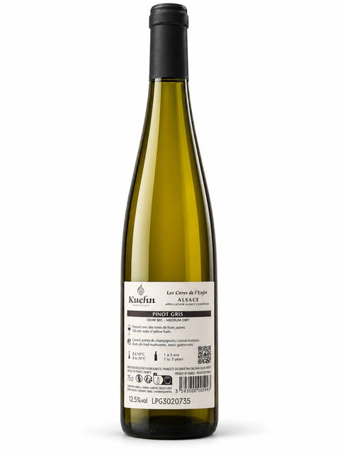 Kuehn Pinot Gris 2023 Demi Sec White Wine 750ml bottle, 12.5% alcohol, medium-dry Alsace AOC wine.