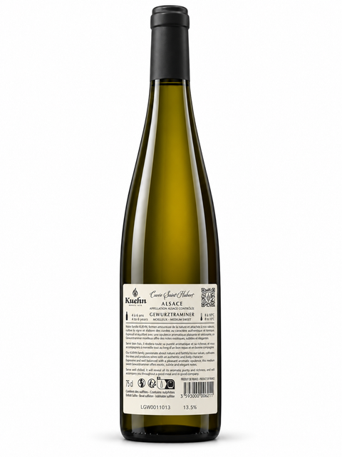 Kuehn Saint Hubert Gewürztraminer 2020 Moelleux 750ml wine bottle showcasing label details and vineyard origin, Alsace AOC.