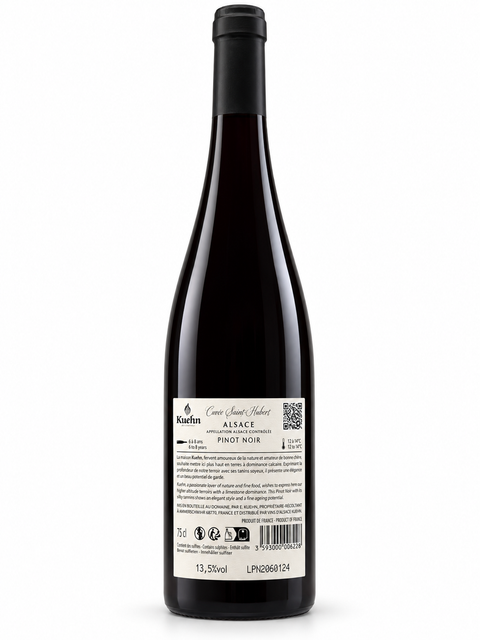 Kuehn Saint Hubert Pinot Noir 2022 Dry Red Wine bottle, 750ml, Alsace, France, 13.5% alcohol content, elegant label view.