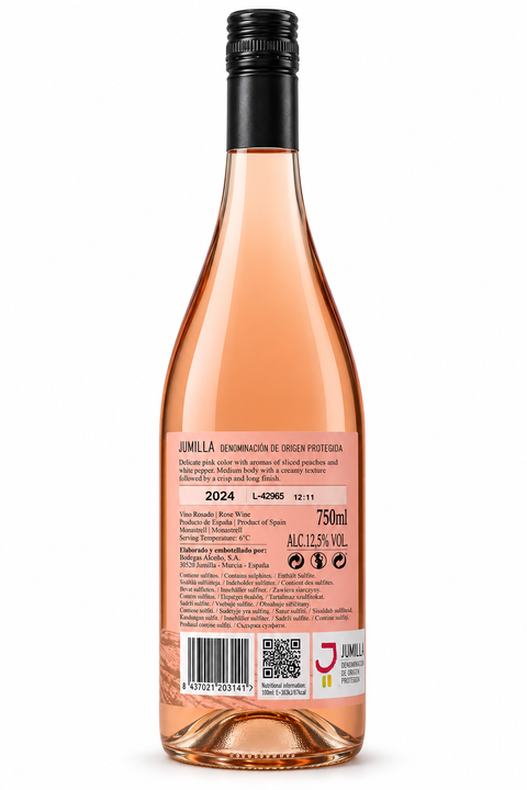 Laderas de Romeo Rose wine 2024 Monastrell 750ml bottle with label showing 12.5% alcohol content from Jumilla, Spain.