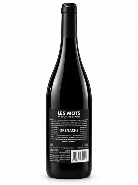 Les Mots Grenache 2022 Dry Red wine 750ml bottle with 14.5% alcohol from France's Pays d’Oc.