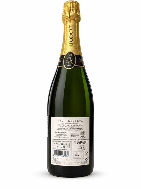 Bottle of Llopart Reserva Brut 2020 Corpinnat 750 ml sparkling wine with gold foil and label details.
