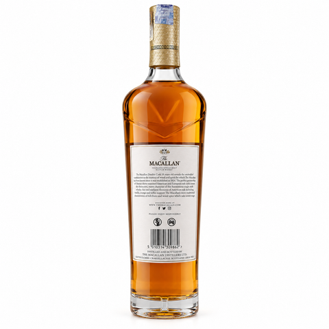 Rear view of bottle showcasing Macallan Double Cask 18 Year Old Single Malt Scotch Whisky 700ml with label details and packaging.