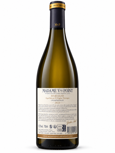 Bottle of Madame Vve Point Bourgogne Chardonnay 2022 Dry Wine with 12.5% alcohol content.