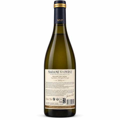 Madame Veuve Point Macon Villages 2022 Dry Chardonnay 750ml bottle with label view, 13.5% alcohol, Burgundy white wine