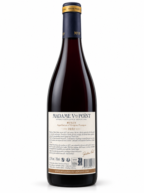 Madame Vve Point Rully Pinot Noir 2022 Dry Red Wine bottle, 750ml with 12.5% alcohol, perfect for gourmet dinners.