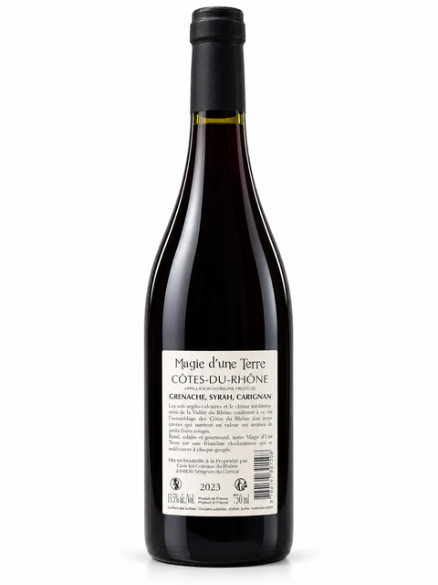 Bottle of 2023 Magie d une Terre Grenache Blend dry red wine, 750ml, 13.5% alcohol, from Cave les Coteaux du Rhône, France.