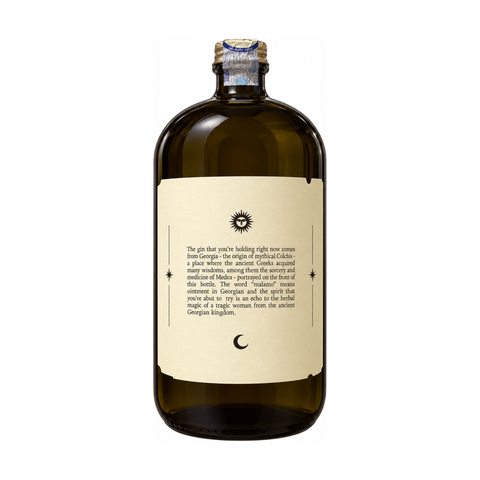 Malamo Handcrafted Artisan Gin 1L 47%, Georgia, rear bottle with Colchis and Medea story.
