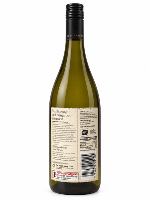 Marlborough Sun Chardonnay 2024 back label 750ml 13%, vegan friendly
