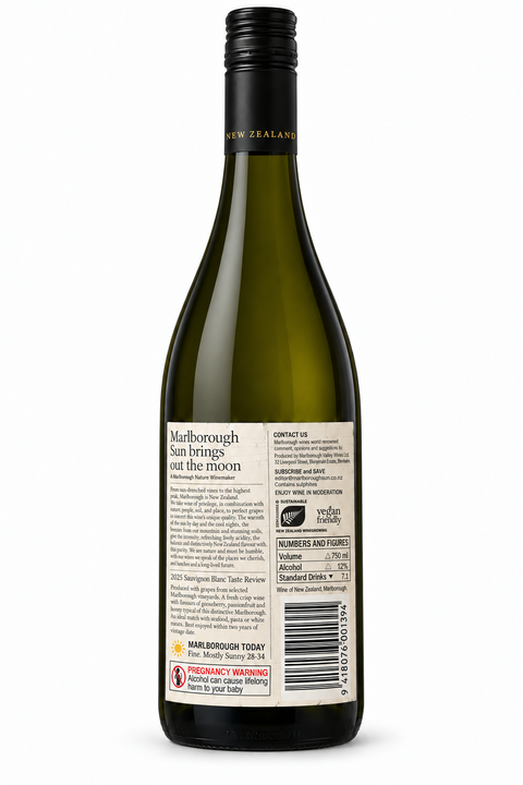Marlborough Sun Sauvignon Blanc 2025 12% 750ml – back label on white background