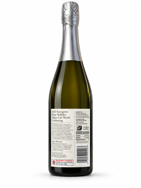 Bottle of Marlborough Sun Sauvignon Blanc Bubbles 2023, 750ml, 12.5% ABV, showcasing elegant label design.