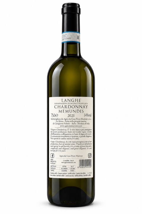 Marrone Memundis Chardonnay 2021 Dry White wine bottle 750ml 14% alcohol from Langhe DOC Piedmont Italy
