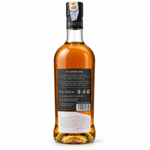 Back view of Meikle Toir The Sherry One 5Y Single Malt Scotch 700ml bottle showing label details.