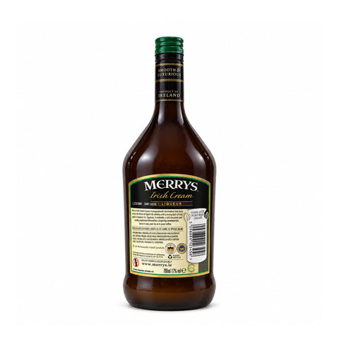 Merrys Irish Cream liqueur 700 ml, 17% ABV, rear label with barcode 5098889123458 and milk allergen information | Merrys Irish Cream კრემ-ლიქიორი 700 მლ, 17%, უკანა ეტიკეტი, ბარკოდი 5098889123458 და რძის ალერგენის ინფორმაცია