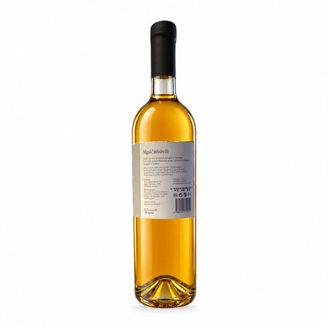 Mgaloblishvili Rkatsiteli Dry Amber Wine 750ml bottle, 12.5% from Georgia, showcasing its amber hue and back label.