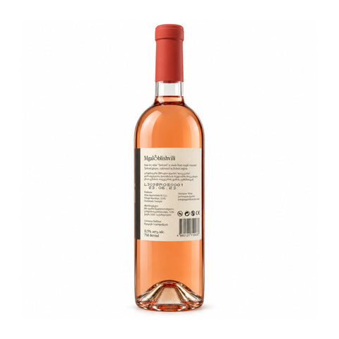 Mgaloblishvili Tavkveri dry rosé wine, Bolnisi, Georgia, 11.5%, 750 ml — back view on white background