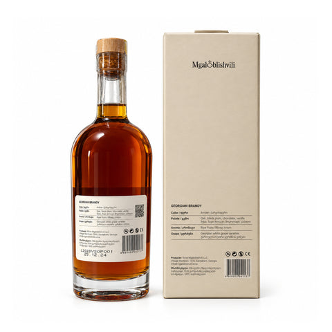 Mgaloblishvili VSOP brandy 500ml with gift box, rear label / მგალობლიშვილის VSOP ბრენდი 500 მლ სასაჩუქრე კოლოფით, უკანა ეტიკეტი
