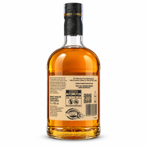 Monkey Shoulder Blended Malt Scotch Whisky 1L 40% rear view, Scotland