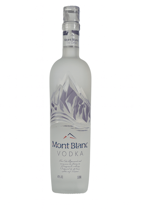 Mont Blanc Vodka 0.5L bottle, premium French vodka with 40% alcohol content, featuring a mountain design on the label.