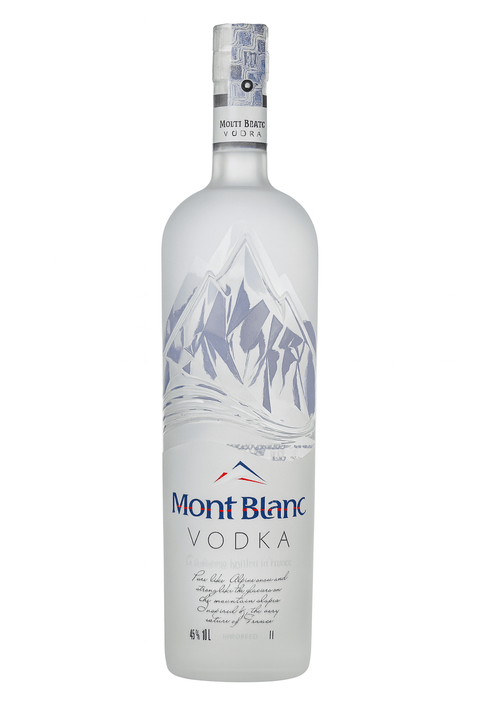 Mont Blanc Vodka 1L 40% bottle from France, featuring a mountain design, symbolizing purity and sophistication.