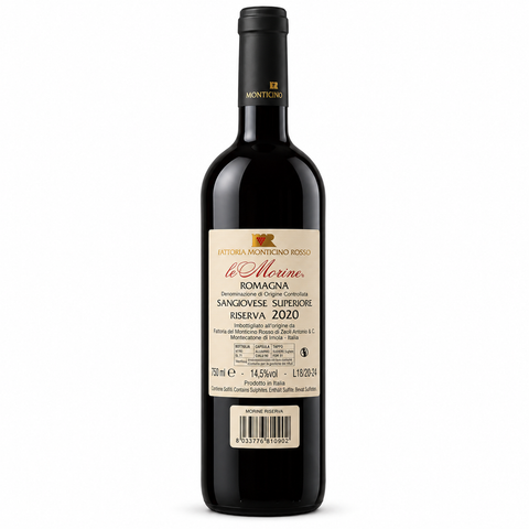 Monticino Rosso Le Morine Sangiovese Red Wine 2020 bottle, 750ml, 14.5%, DOC Sangiovese Superiore Riserva, front label view.