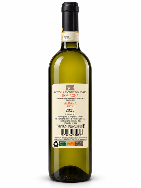 Monticino Rosso Albana 2023 Dry White wine bottle from Italy, 750ml 13.5% alcohol.