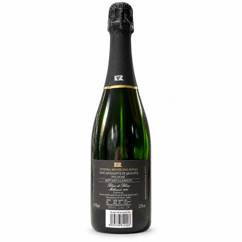 Monticino Rosso Blanc de Blanc 36 Pas Dose 2020 sparkling wine bottle, Italian Albana grapes, 75cl, 12.5% alcohol content.