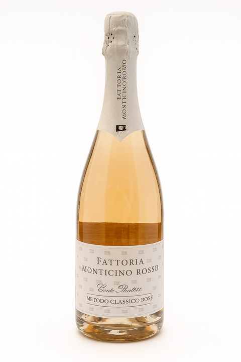 Bottle of Monticino Rosso Conte Brutti Metodo Classico Rosé sparkling wine from Italy, showcasing its elegant label and pale pink hue.