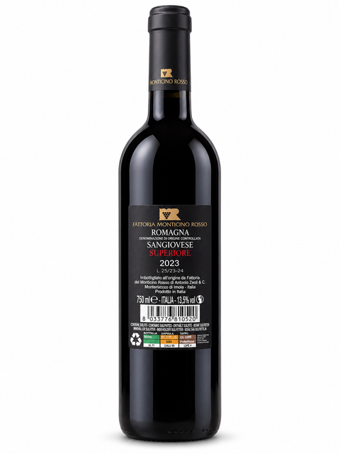 Bottle of Monticino Rosso S Sangiovese 2023 Dry Red wine, 750ml, 13.5% alcohol content.