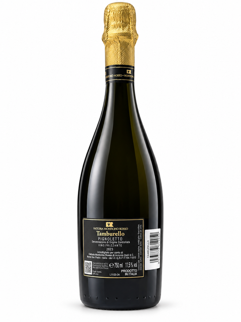 Fattoria Monticino Rosso Tamburello Pignoletto Frizzante 2023, rear view on white background