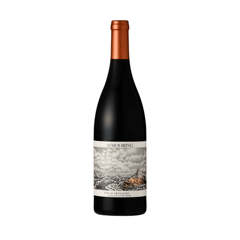 The Mooring Syrah Grenache wine bottle from South Africa, 750ml, 14% alcohol, featuring a coastal terroir design label.