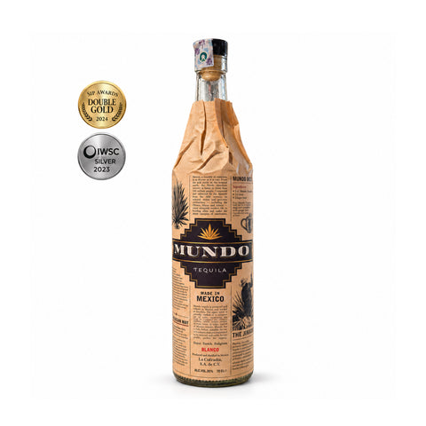 Mundo Blanco tequila 700ml 35%, paper-wrapped front, SIP Double Gold 2024 and IWSC Silver 2023 | Mundo ბლანკო ტეკილა 700 მლ 35%, წინა ხედი, ქაღალდის საფარი და ჯილდოები