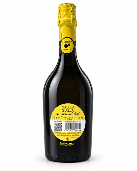 Bottle of Muzza Ribolla Gialla Spumante Brut sparkling wine 750ml 11% (Italy) with yellow label and cork