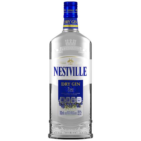 Nestville Dry Gin 1L bottle, 37.5% alcohol, premium Slovak gin with botanicals, London Dry style from Nestville distillery.