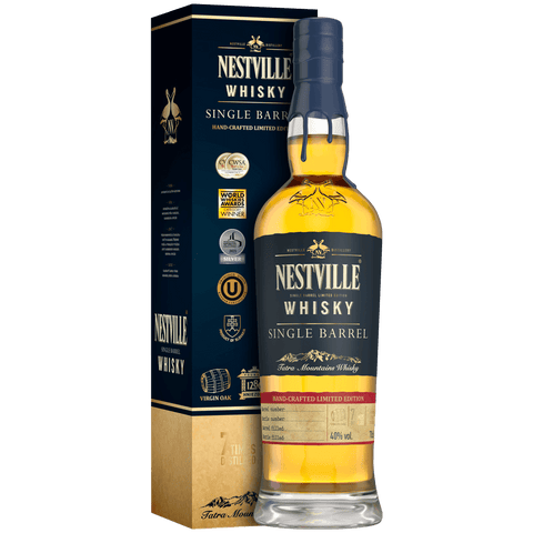 Nestville Single Barrel Whisky 70cl bottle and packaging, limited edition from Slovakia, matured in American oak barrels.