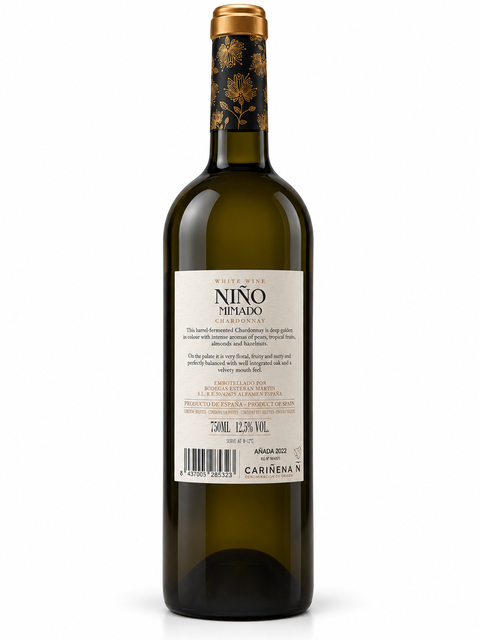 Nino Mimado Chardonnay 2022 Dry White wine bottle, 750ml, 12.5% alcohol, Spanish white by Bodegas Esteban Martín, Cariñena, Spain.