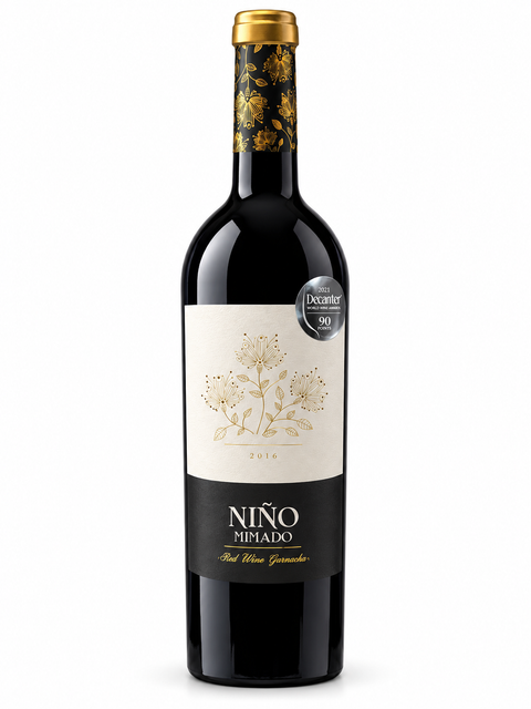 Bottle of Nino Mimado Garnacha 2016 dry red wine, 750ml, 14.5% alcohol, with label featuring floral design and Decanter award.