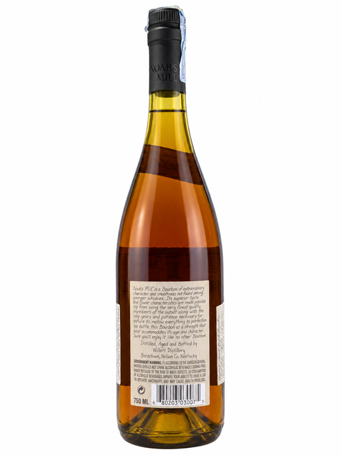 Noahs Mill Kentucky Bourbon 750ml bottle, genuine bourbon handcrafted at Willett Distillery, showing the detailed back label.