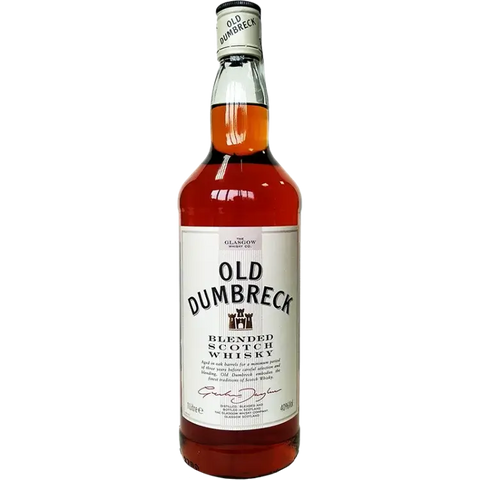 Old Dumbreck Blended Scotch Whisky 1L bottle, 40% ABV, showcasing amber color and crafted label design, brewed in Scotland.