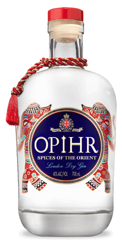 Bottle of Opihr London Dry Gin 1L, 40% ABV, featuring exotic spices and botanical artwork on the label, distilled in England.